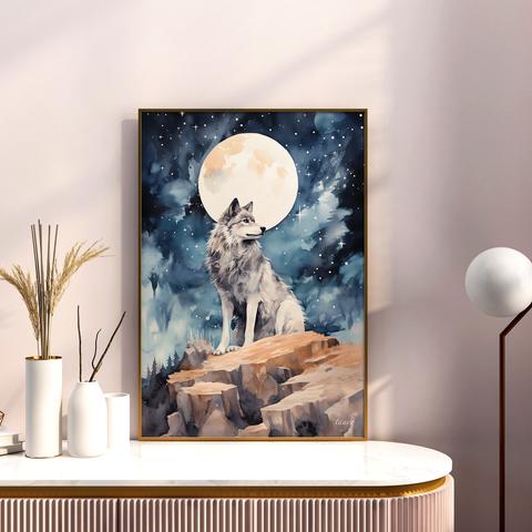 満月のおおかみ　A4ポスター｜水彩画・おしゃれ・シンプル・アート・メルヘン・狼・オオカミ・満月・夜空・自然
