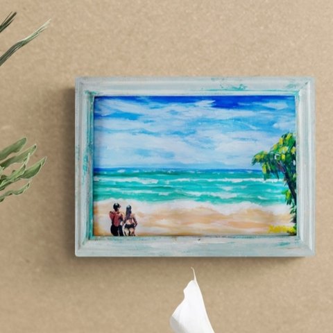  【原画】海の絵   二人のスペシャルモーメント　ブルーエメラルド アクリル画
