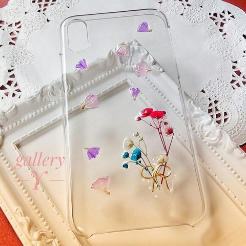 iPhone X ドライフラワーブーケ💐ワイヤーリボン🎀クリアケース　　