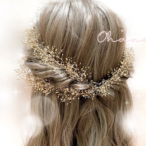 ＊花冠、花かんむり＊　結婚式　ウェディングヘア　ドレスヘア　成人式　振袖　袴　髪飾り　ヘッドドレス　かすみ草花冠v✽ OHANA ✽ ideshie  ✽