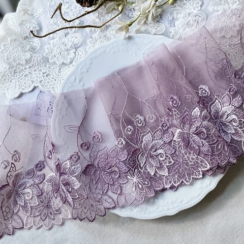 1m 広幅 美しい 花 フラワー 刺繍 チュールレース ラベンダー系 BK231003 ハンドメイド 手芸 素材