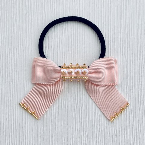 刺繍ヘアゴム [ pink・gold beads ]