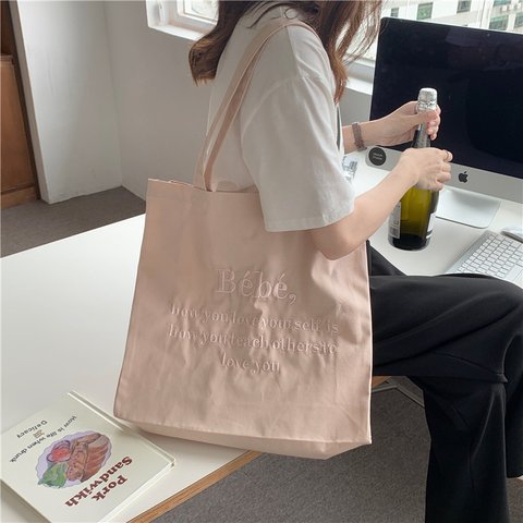 韓国ファッション　ピンク刺繡ロゴ　大容量トートバッグ　鞄　-9303