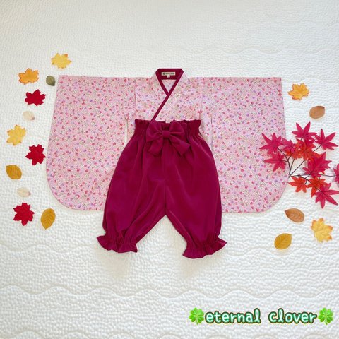 【即納‼︎ 100サイズ】和柄さくら花びらピンク×えんじパンツ　※パンツのカラーは変更できます