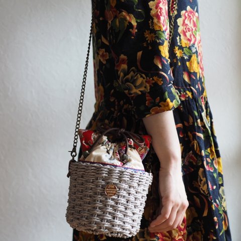 可愛い猫型台湾花柄の巾着かごバッグ(一点作品/送料無料)