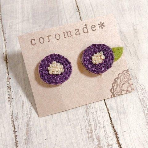 お花の刺繍イヤリング(紫)