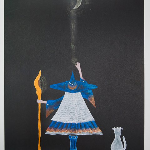 ヒーリングアートプリント「魔女と猫　聖なる月のパワー」[A5]