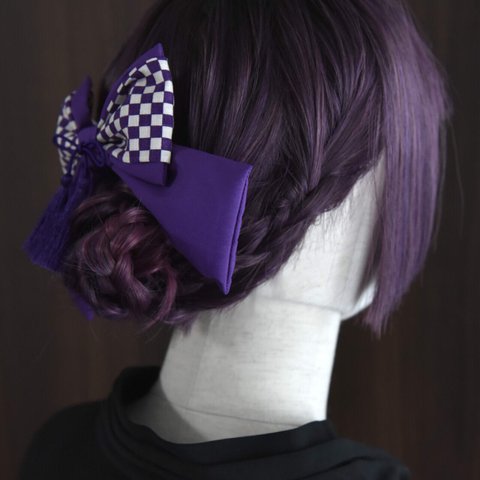 2way和柄リボン【市松-紫音-】◆ブローチ＆髪飾り