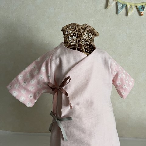 【再々販】リバーシブル新生児用長肌着(50～70cm) うさぎさんピンク