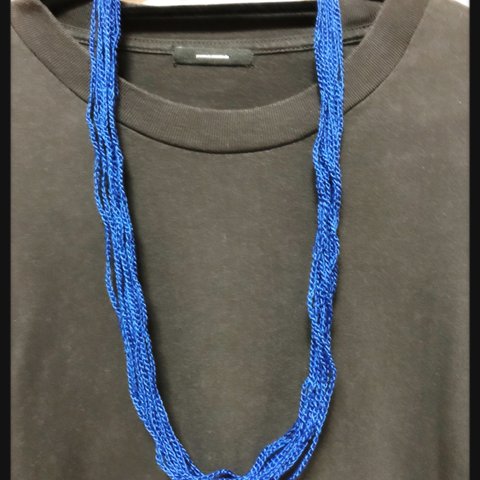手編み 10連 コットン チェーン ロングネックレス ブルー 青