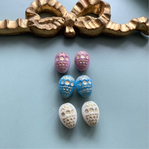 【3色ペア6コセット】#czech beads#チェコビーズ　Easter egg 19✖️15㍉　pink＊blue＊white/ bronze