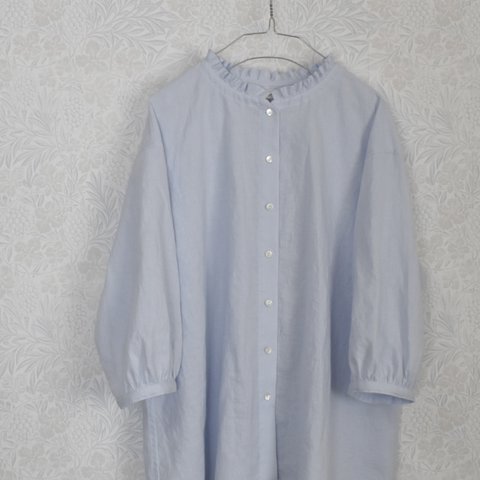 new フリル襟のブラウス・アイスブルー（七分袖）【予約販売8月下旬】