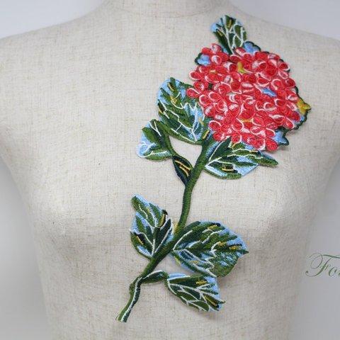 オーガンジー刺繍モチーフ 1枚 花 葉っぱ 赤系 (MFLB83RDJH00)