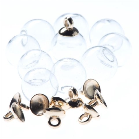 【各10個】ガラスドーム セット★14mm/8ｍｍ ブロンズゴールド★キャップ付き ガラスドームピアス チャーム ハーバリウム