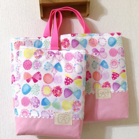 ふわり🎀リボンちょうちょ🦋*キルトのレッスンバック＊シューズ入れ2点セット【pink】