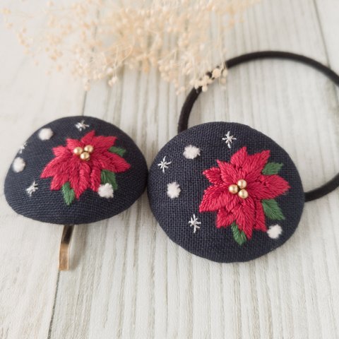 刺繍ポニーフックorヘアゴム　ポインセチア