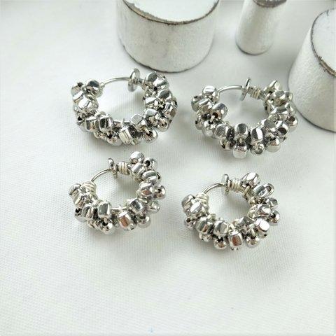 SILVER square metal wrapped hoop earring フープピアス