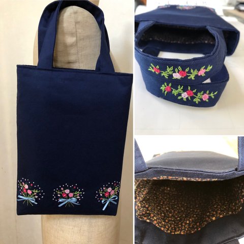 再販　手刺繍　シューズバッグ　ローズブーケとリボンのシューズバッグ