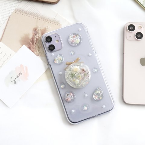 Flower Domeﾟ.*❁スマホグリップ付き 押し花スマホケース  全機種 クリア iPhone13 iPhone14 スマホカバー 韓国  ショルダー