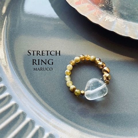 RING238-1009水晶ラフ+グロッシュラーガーネット*天然石リング ゴムの指輪　[送料無料]