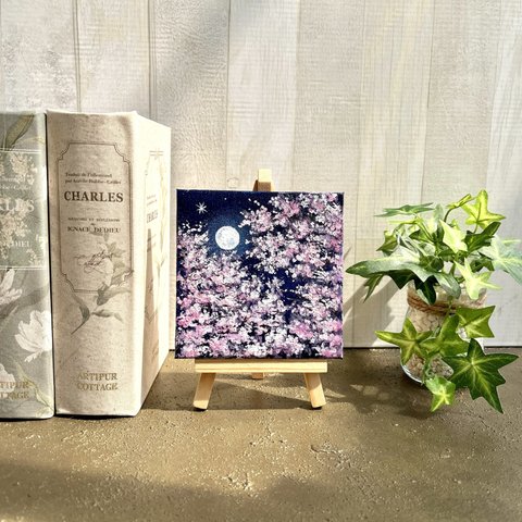 プチキャンバス絵画シリーズ♡アクリル画《原画》✴︎ 月明かりの桜 ✴︎