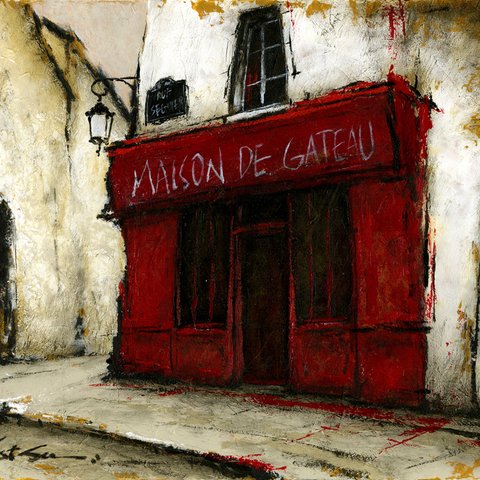 風景画 パリ 油絵「街角の赤いカフェ」
