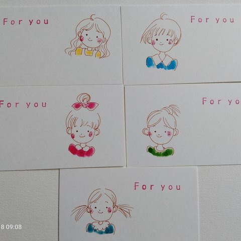 手書きメッセージカード　5枚　封筒付き　手描き　かわいい　名刺サイズ　誕生日カード　サンキューカード　女の子　ありがとう　