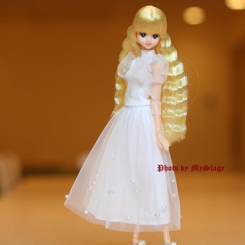 msdr-22-105 白２点長袖Tとチュールスカート（momoko/ジェニー/MISAKI/リカちゃんなど1/6人形用）
