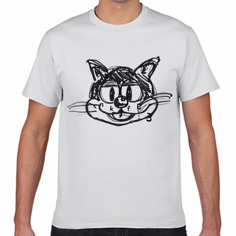 nkfE:3/手書き風プリント猫Tシャツ/キャット/ホワイト/M