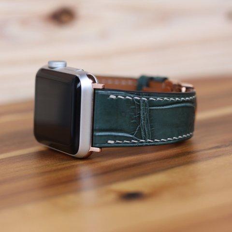ワニ革使用Apple Watch(38/40/42/44mm用)ワニレザー ベルト　グリーン 総手縫い製作