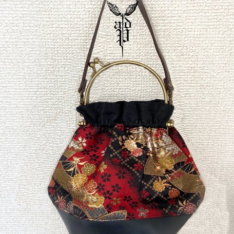 西陣織　金襴の2wayバッグ(小)　【扇面に桜/赤】