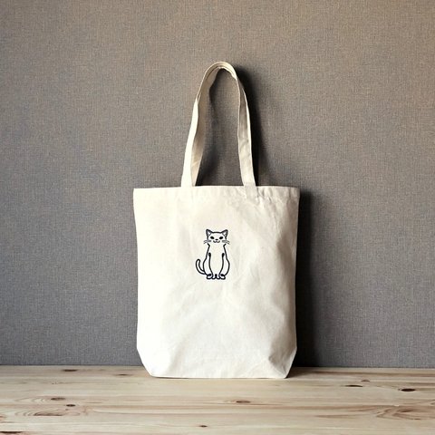 【しろ】貓-nyaA- 刺繍 キャンバストート　内ポケット付き　オーガニックコットン　／エコバッグにも最適