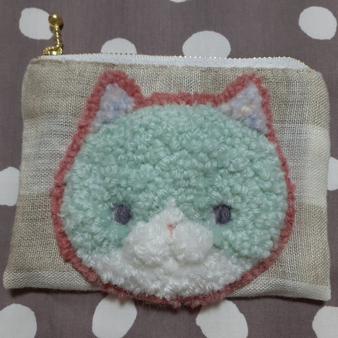 顔面猫　刺繍ハンドメド　ミニポーチ