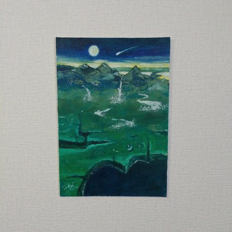 『大地と月と流星』油彩【原画】　　　夜空　黄昏　風景画　アート　絵画　インテリア雑貨