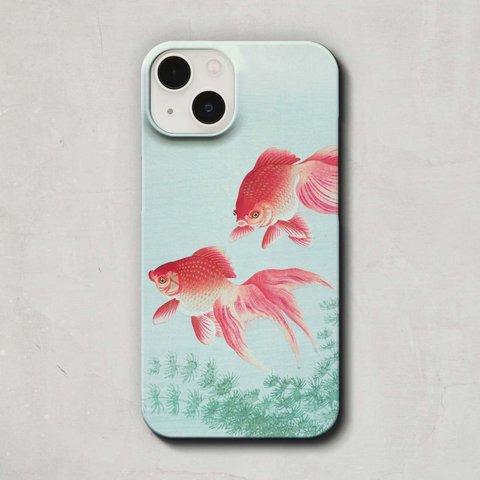 スマホケース / 小原 古邨「金魚」 iPhone 全機種対応 14 13 12 11 SE Pro Max Plus mini 魚 夏 涼 祭 日本画 和 レトロ アート 個性的