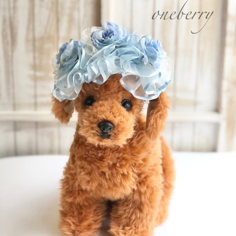 ふわふわヘッドドレス≪ブルー花≫　　犬猫用アクセサリー　写真撮影　犬チョーカー　トリミング　首飾り　ヘッドアクセ　ベビーヘッドドレス　うちの子　結婚式