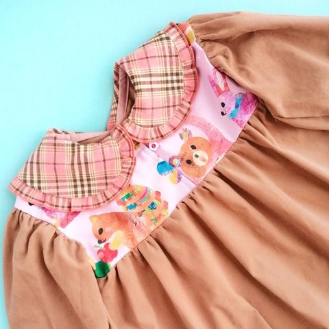 ꕤ 丸襟コーデュロイワンピース  ꕤ ミルクティーベージュ ꕤ ピンクタータンチェック ꕤ 子供服 ꕤ 90cm  