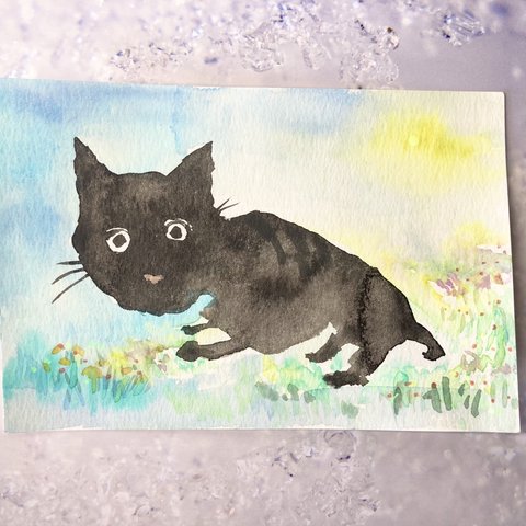 月夜のお散歩　黒猫　ねこ　原画　ポストカード　葉書サイズ　水彩画　にゃんこ　cat catart