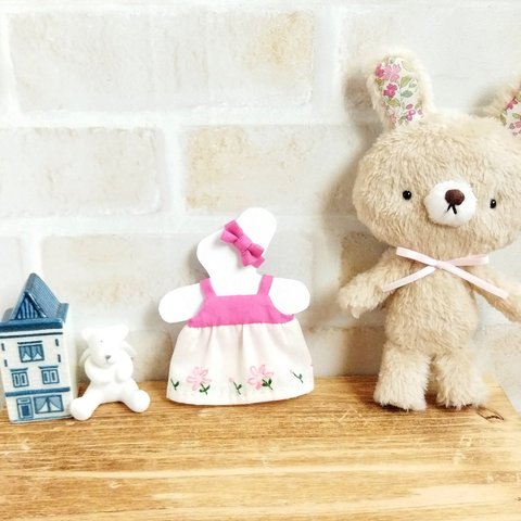 13cmぬいぐるみの洋服(ピンク花刺繍)　うさぎ・くま用