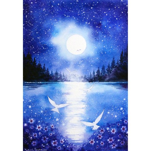 【原画】希望の月（水彩画）★夜空 月 鳥 絵画インテリア プレゼントに