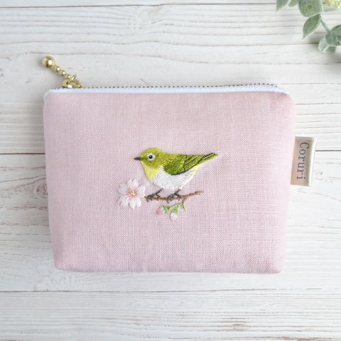 メジロと桜の刺繍リネンミニポーチ【桜ピンク】