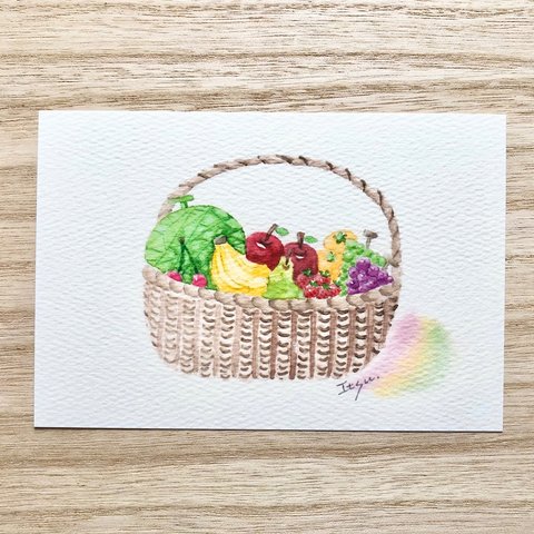 🍎「フルーツバスケット」 水彩画イラストポストカード２枚セット　りんご　リンゴ　果物🍎