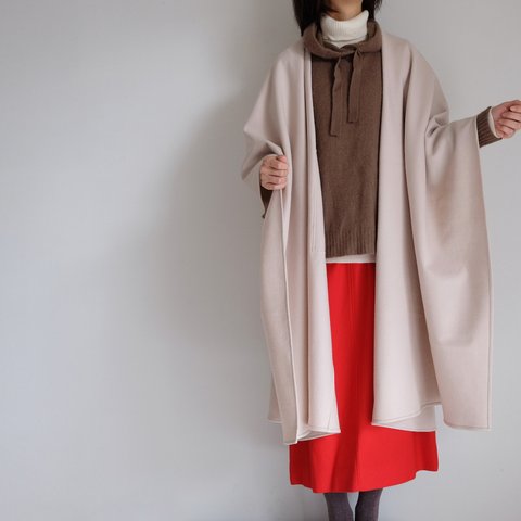 新作・ロング ケープ コート Re_1say /圧縮 ウール ジャージー【 ピンクベージュ 】 long cape / wool jersey【 pink beige 】