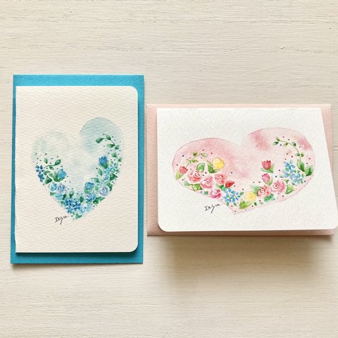 ❤️2枚セット 「フラワーハート ピンク&ブルー」水彩画イラストミニカード　バレンタインカード　花❤️