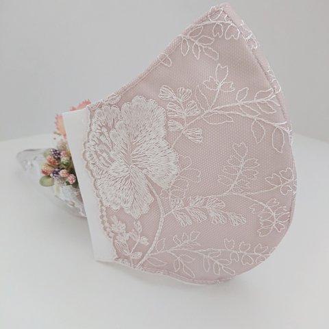 春 感謝価格💕50%offチュールレース刺繍マスク(ピンク地に白の花)