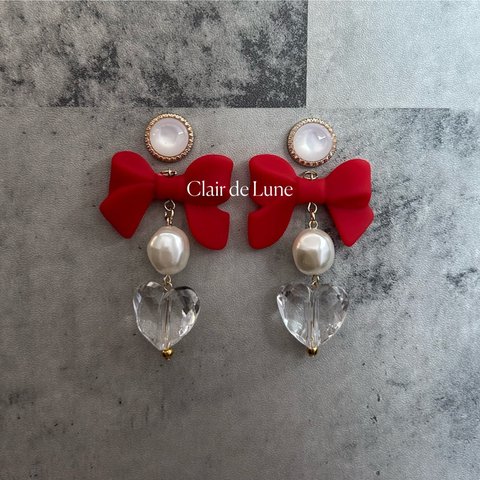 Matte RED ribbon pierce／earring