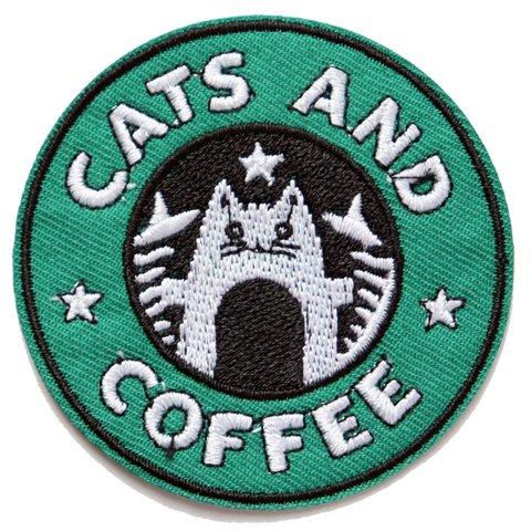 ワッペン 猫とコーヒー CATS AND COFFEE アイロン接着 パロディ 刺繍パッチ 説明書（日本語）付き