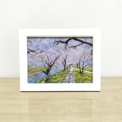 油絵　原画　『桜並木道』　額縁付き　2L判サイズ
