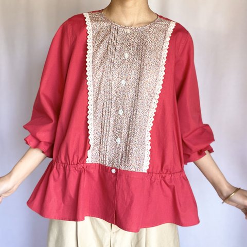 《 優しいあの子の Soft Gather Blouse♥ 》ルビーピンク/ビビッド/花柄/レース/02