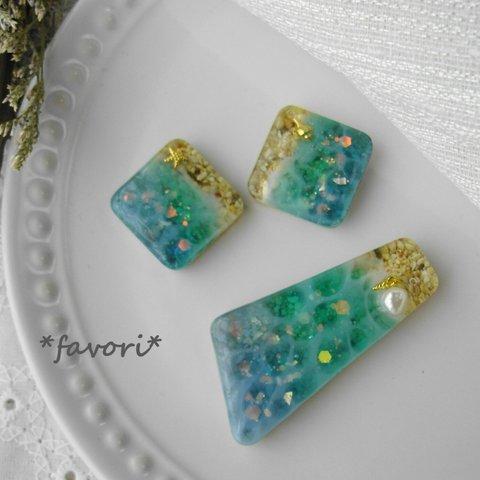 ～sea～　2点セット♪ピアスorイヤリング＆ヘアクリップ☆　レジン×海塗りブルー　淡水パール